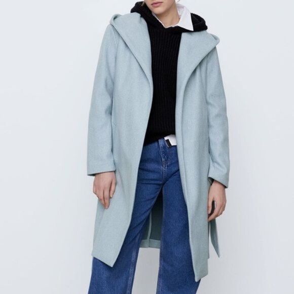 Zara Light Blue Hooded Belted Coat Small - Picture 1 of 8